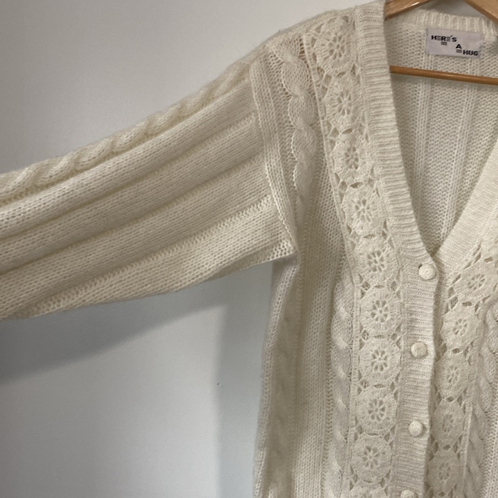 Vintage Here’s a Hug Cream Cable Knit Cardigan button front size Large - Picture 5 of 13